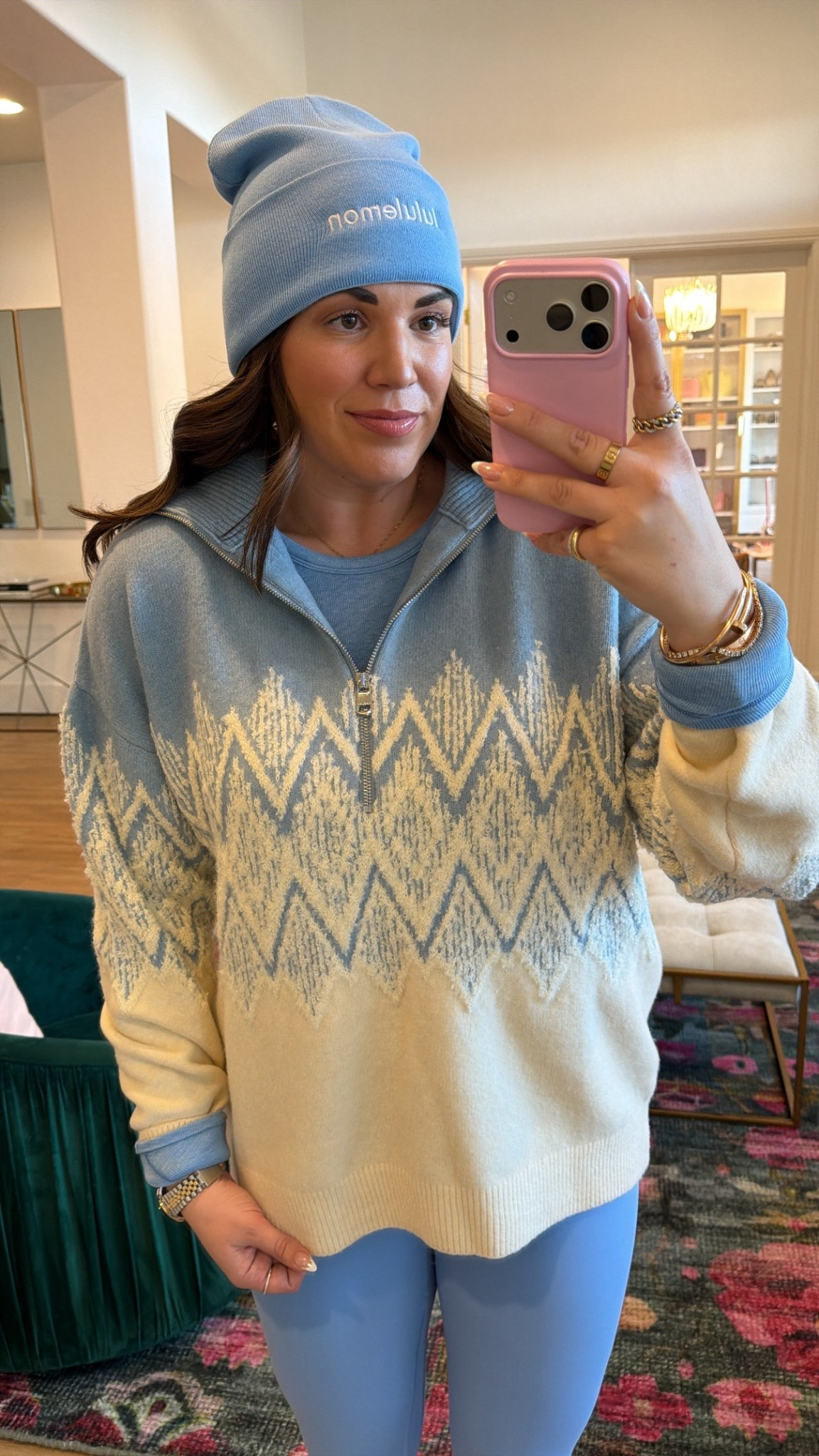 curvy midsize cool blue winter look! wearing size large in pullover, size 12 in blue long sleeve, and size 10 in blue leggings 

#LTKMidsize #LTKSeasonal