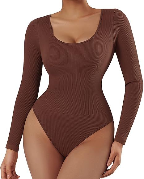 SUUKSESS Women Ribbed Seamless Long Sleeve Bodysuit Square Scoop Notch Neck Bodysuit | Amazon (US)