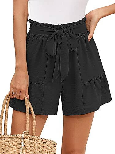 Heymoments Women's Wide Leg Shorts Lightweight Black Small High Waisted Adjustable Tie Knot Loose Summer Cute Trousers | Amazon (US)