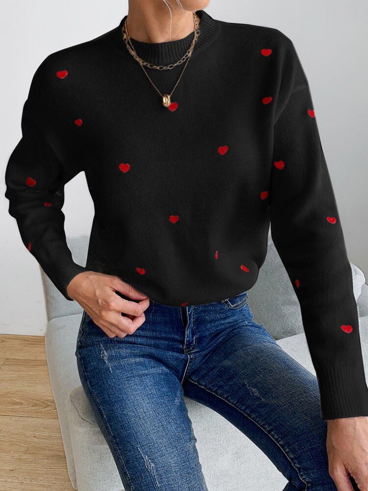 Mock Neck Heart Pattern Drop Shoulder Sweater | SHEIN