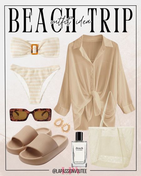 Relaxed beach vibes: Rock a shirt cover-up over a chic strapless swimsuit, accessorize with raffia earrings and rectangle sunglasses. Don't forget beach perfume and comfy pillow slippers for ultimate relaxation.

#LTKstyletip #LTKswim #LTKSeasonal