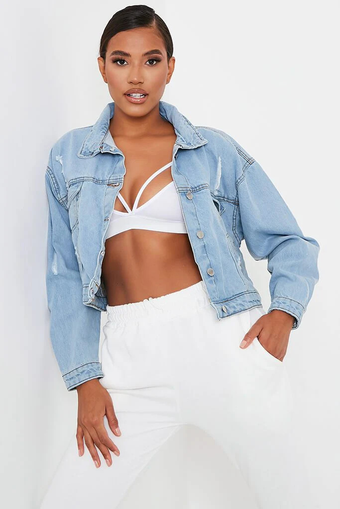 Light Wash Distressed Oversized Denim Jacket | ISAWITFIRST