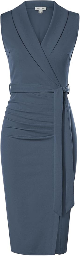 GRACE KARIN Women's Wear to Work Sleeveless Ruched Bodycon Office Pencil Midi Dresses with Belt | Amazon (US)