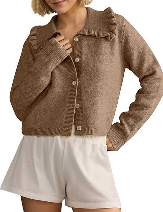 Womens Ruffle Cropped Sweater Open Front Outerwear Elegant Long Sleeve Knitted Cardigan Solid But... | Amazon (US)