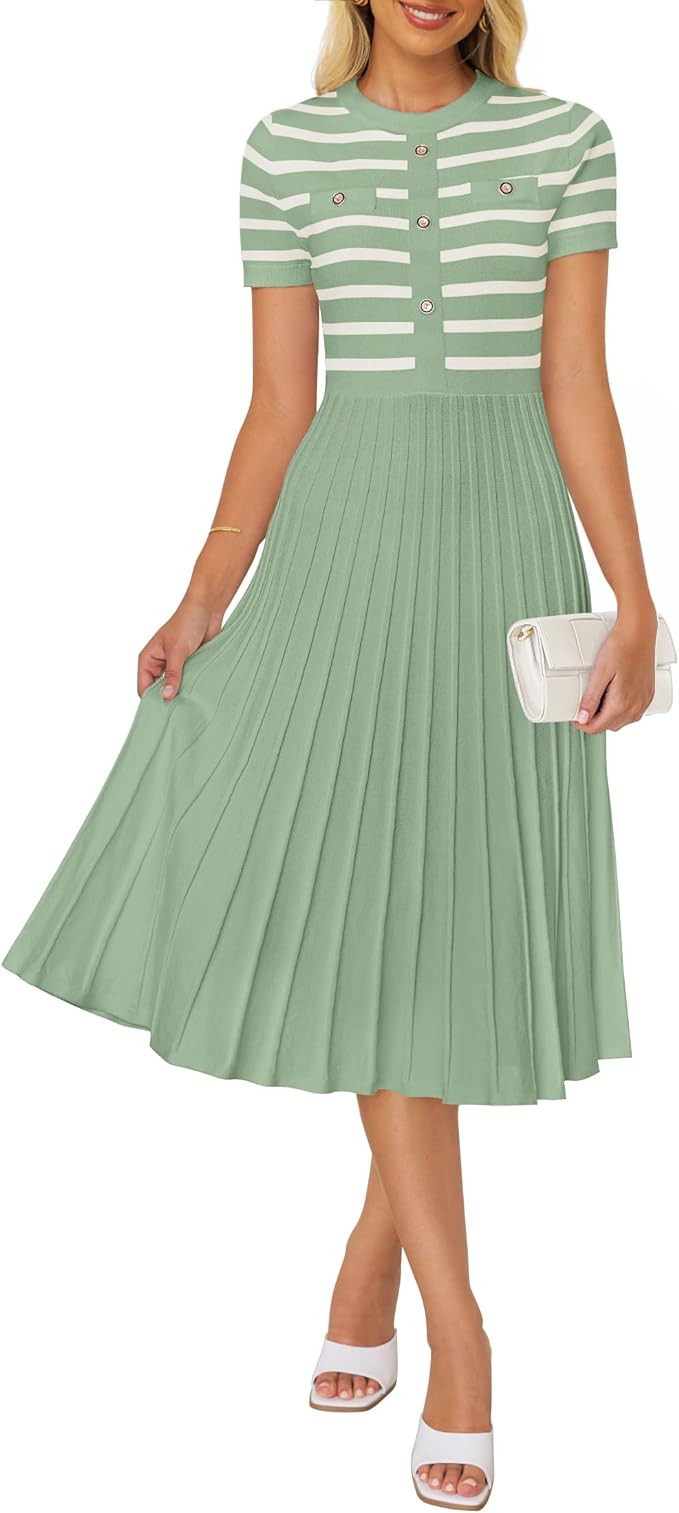ZESICA Women's 2026 Casual Striped Midi Dress Crewneck Short Sleeve Button Ribbed Knit Swing Plea... | Amazon (US)