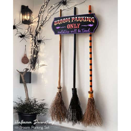 Halloween Decorations - Halloween Decor - Broom Parking Sign with 3 Wooden Witches Brooms - Cute Hocus Pocus Front Porch Wall Decor for Indoor Outdoor Home Office Party Decoration | Amazon (US)