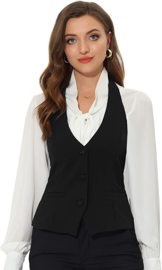 Allegra K Damen Ärmellos Weste Neckholder Vintage Knopfleiste Elegant Anzugweste Jacke mit Tasch... | Amazon (DE)