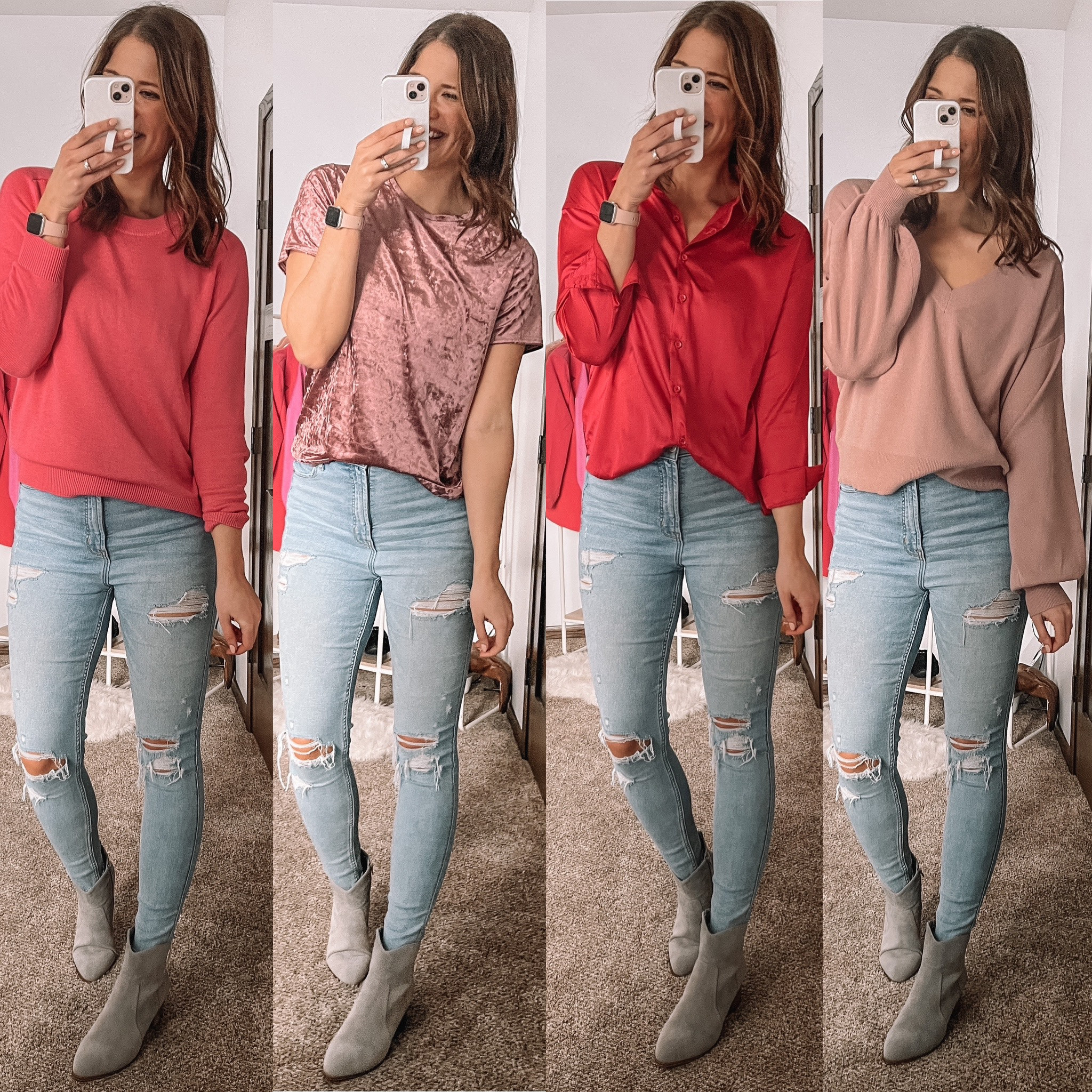 Pink crewneck sweater | velvet tee | pink satin button front shirt | blush balloon sleeve sweater | distressed light wash old navy skinny jeans size 10 tall

#LTKstyletip #LTKsalealert #LTKSeasonal