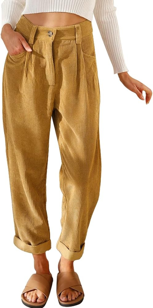 Acelitt Womens Elastic Waist Straight Leg Corduroy Pants with Pockets, S-2XL | Amazon (US)