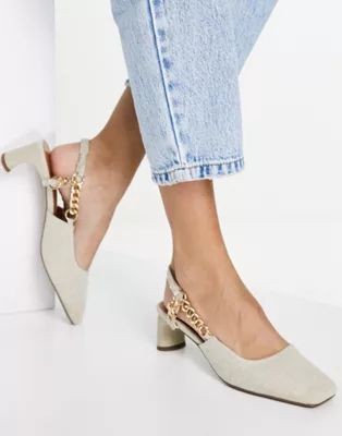ASOS DESIGN Smart chain detail mid heeled shoes in natural | ASOS (Global)