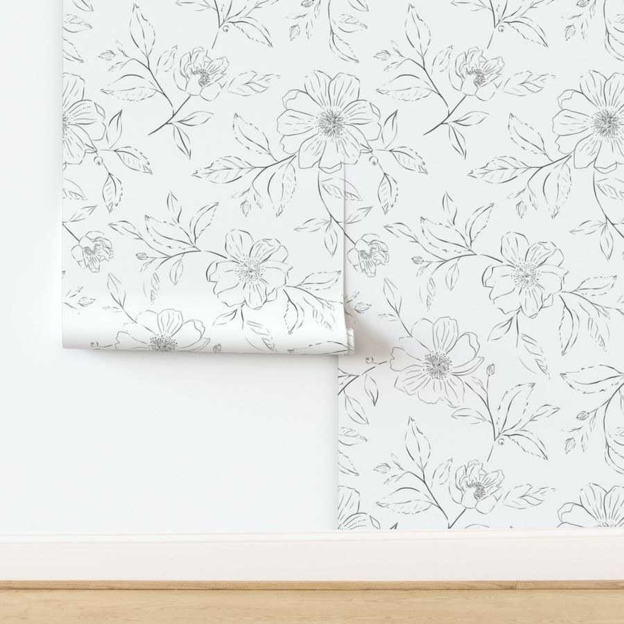 Delicate Sketched Boho Flowers Charcoal Black and White | Spoonflower