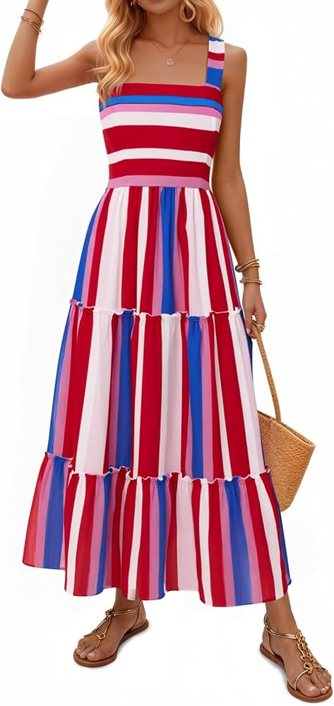Yousify Womens Summer Maxi Dress 2026 Striped Casual Patchwork A Line Smocked Long Dress Boho Flo... | Amazon (US)