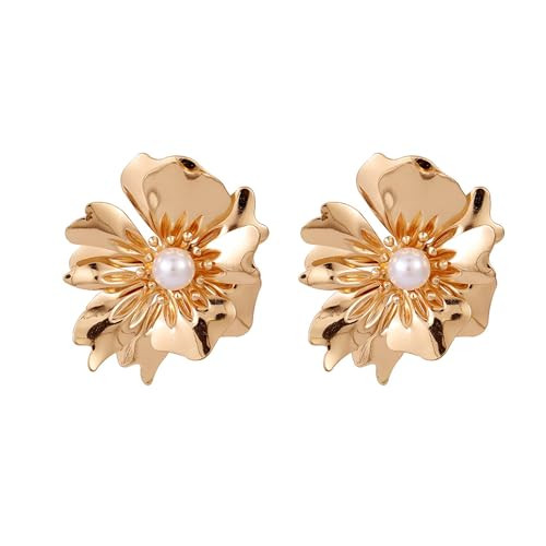Gold Flower Earrings for Women Large Flower Stud Earrings Dainty Pearl Flower Statement Earrings Chunky Floral Earrings Boho Jewelry Gift for Women (Pearl Flower) | Amazon (US)