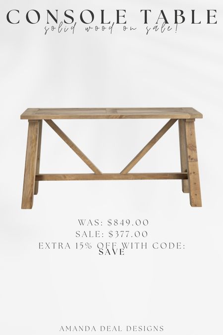 Solid Wood Console Table on sale now! Use code: SAVE for an extra 15% off!

Find more content on Instagram @amandadealdesigns for more sources and daily finds from crate & barrel, CB2, Amber Lewis, Loloi, west elm, pottery barn, rejuvenation, William & Sonoma, amazon, shady lady tree, interior design, home decor, studio mcgee x target, bedroom furniture, living room, bedroom, bedroom styling, restoration hardware, end table, side table, framed art, vintage art, wall decor, area rugs, runners, vintage rug, target finds, sale alert, tj maxx, Marshall’s, home goods, table lamps, threshold, target, wayfair finds, Turkish pillow, Turkish rug, sofa, couch, dining room, high end look for less, kirkland’s, Ballard designs, wayfair, high end look for less, studio mcgee, mcgee and co, target, world market, sofas, loveseat, bench, magnolia, joanna gaines, pillows, pb, pottery barn, nightstand, throw blanket, target, joanna gaines, hearth & hand, floor lamp, world market, faux olive tree, throw pillow, lumbar pillows, arch mirror, brass mirror, floor mirror, designer dupe, counter stools, barstools, coffee table, nightstands, console table, sofa table, dining table, dining chairs, arm chairs, dresser, chest of drawers, Kathy kuo, LuLu and Georgia, Christmas decor, Xmas decorations, holiday, Christmas Eve, NYE, organic, modern, earthy, moody

#LTKSeasonal #LTKsalealert #LTKhome