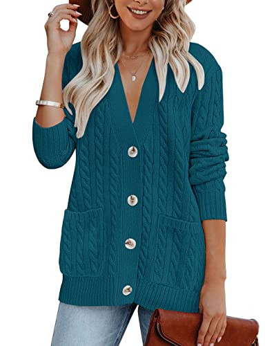 MEROKEETY Women's 2025 Fall Cable Knit Cardigan Sweater Chunky Button Up Open Front Long Sleeve Outwear Coat,Teal,L | Amazon (US)