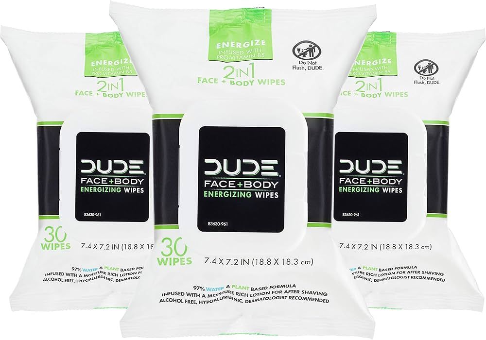 DUDE Wipes Face and Body Wipes - 3 Pack, 90 Wipes - Wipes Infused with Energizing Pro Vitamin B5 ... | Amazon (US)