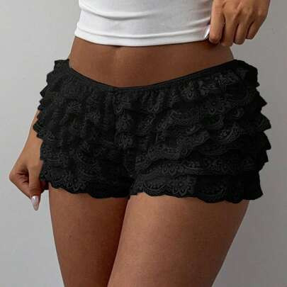 Women's Music Festival Stylish Contrast Color Lace Trim Netted Multilayer Ruffle Hem Super Short Shorts, Spring/Summer | SHEIN