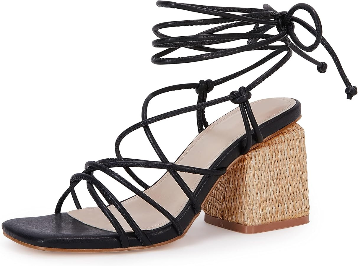 PiePieBuy Women's Lace Up Chunky Braided Heel Sandals Square Toe Strappy Ankle Strap Heels | Amazon (US)