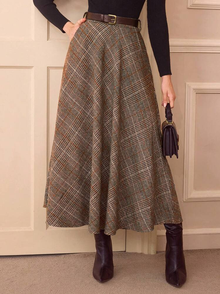 Vintamour Vintage Elegant Women High Waist Plaid Skirt With Pockets, Casual A-Line Flare Skirt Homecoming Going Out Skirt Christmas Outfits Fall Skirts Fall Clothes Long Fall Skirt Brown Skirt Women Outfits Thanksgiving Skirt Maroon Skirt Fall Skirt Winter Skirt Winter Women Clothes Plaid Skirt Fall Women Outfits | SHEIN