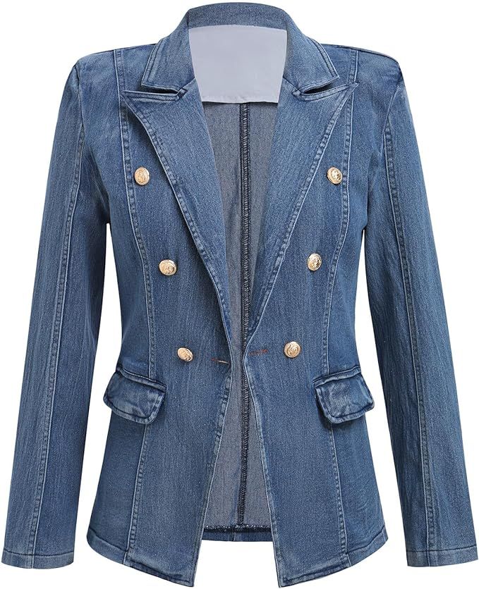 Denim Blazer Suit for Women Notch Collar One Button Office Lady Business Work Outfits Lapel Fall ... | Amazon (US)