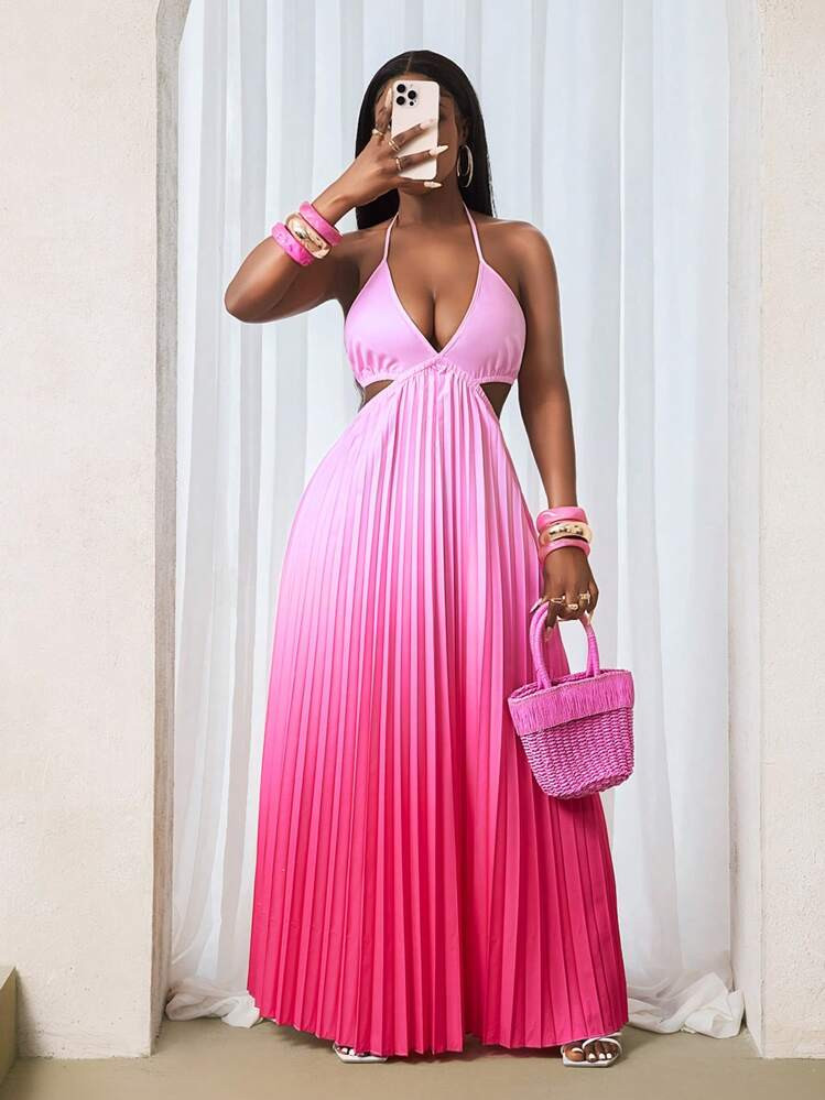 BamGleam Ombre Color Pleated Backless Sexy Halter Neck Sleeveless Dress | SHEIN