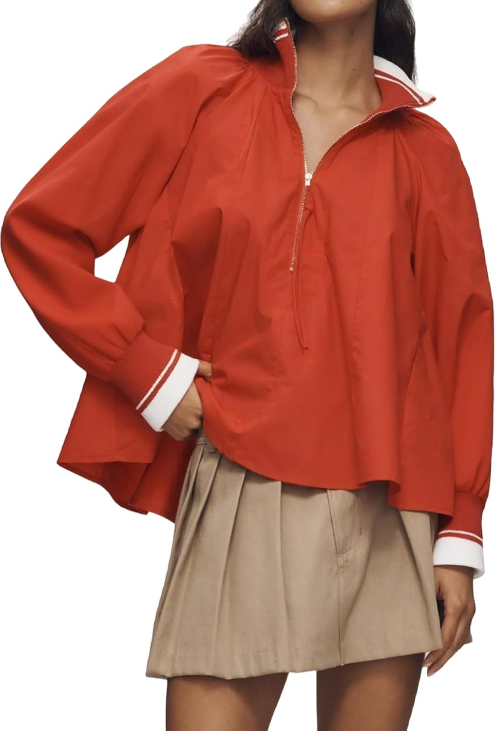 Womens Half Zip Blouses Puff Long Sleeve Henley Shirts Dressy Casual Contrast Collared Loose Fit Swing Tunic Tops | Amazon (US)