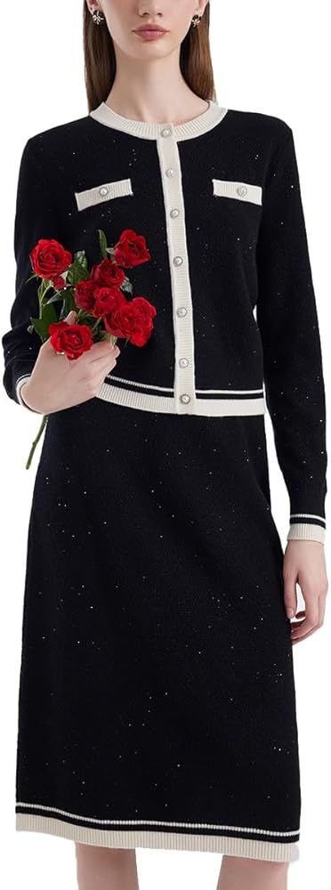Black Business Outfit for Women Sequin Open Front Knitted Cardigan and Midi Skirt Dressy 2 Piece ... | Amazon (US)
