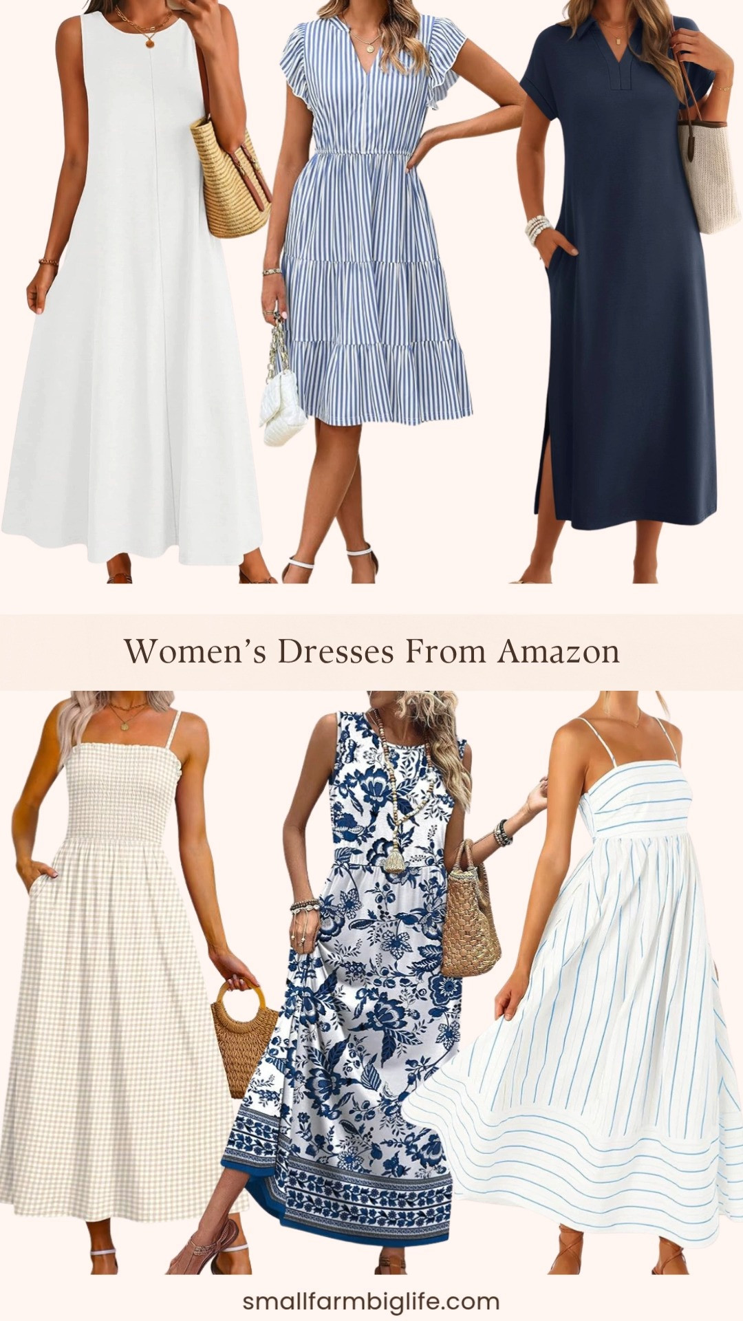 Spring and summer dresses from Amazon and every single one of these is so pretty right now 🌿✨ A blue and white striped tiered midi sundress with flutter sleeves and a V neck, a white sleeveless crewneck maxi dress, a navy blue cap sleeve V neck casual maxi dress, a blue floral sleeveless maxi dress, a tan and white gingham spaghetti strap smocked maxi dress with pockets, and a white and blue striped back smocked maxi dress. So many beautiful styles and prints in this round up and all at such amazing Amazon prices. Whether you need something for vacation, a spring wedding, brunch, or just an easy everyday dress these are the ones worth adding to your wardrobe right now. Everything is linked! 🛒🌸 

 #LTKgrwm #LTKootd #LTKOver40
