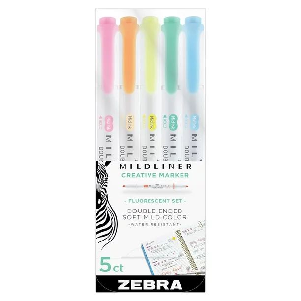 Zebra Mildliner Double-Ended Highlighter Set, Fine and Broad Tip, 5 Pack, Fluorescent - Walmart.c... | Walmart (US)