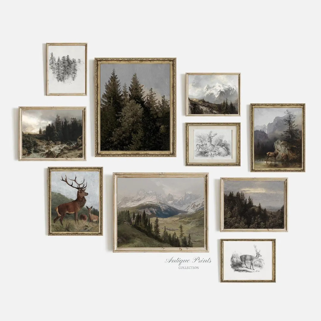Rustic Mountain Gallery Wall Set of 10 Prints, Forest Landscape Painting, Antique Nordic Mountain... | Etsy (US)
