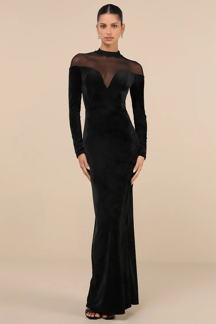Exemplary Allure Black Velvet Mock Neck Long Sleeve Maxi Dress | Lulus