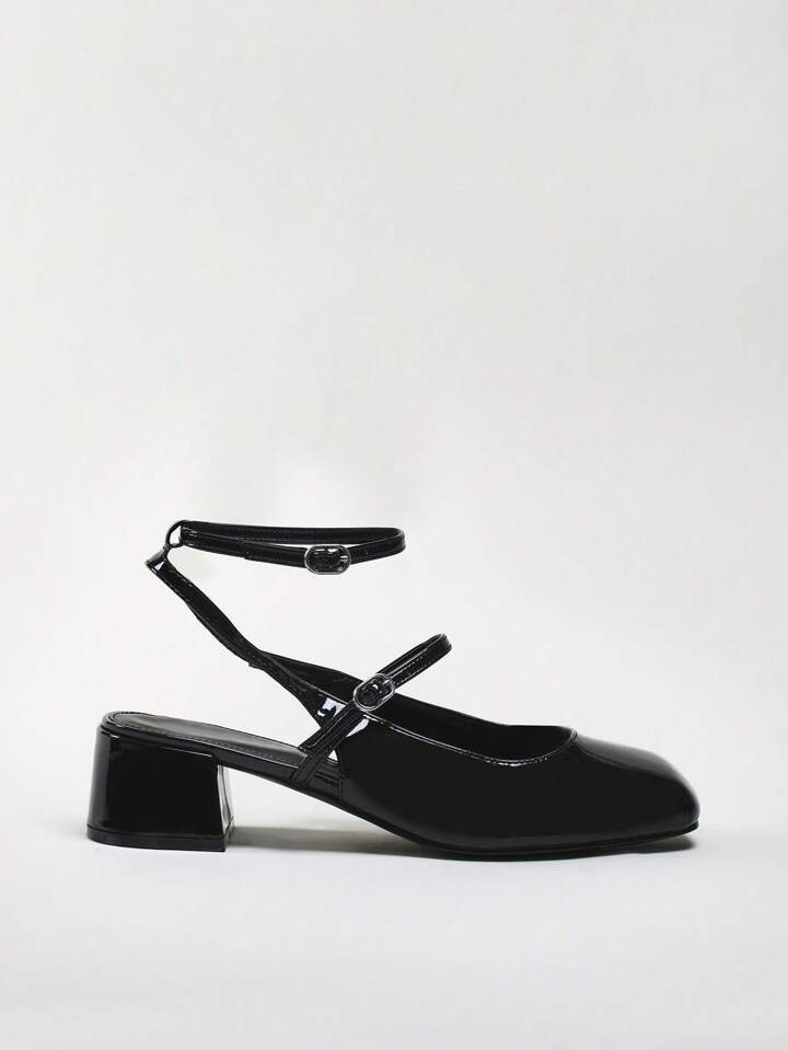 Solezae Women's Glamorous Square Toe Ankle Strap Patent Pu Pumps | SHEIN