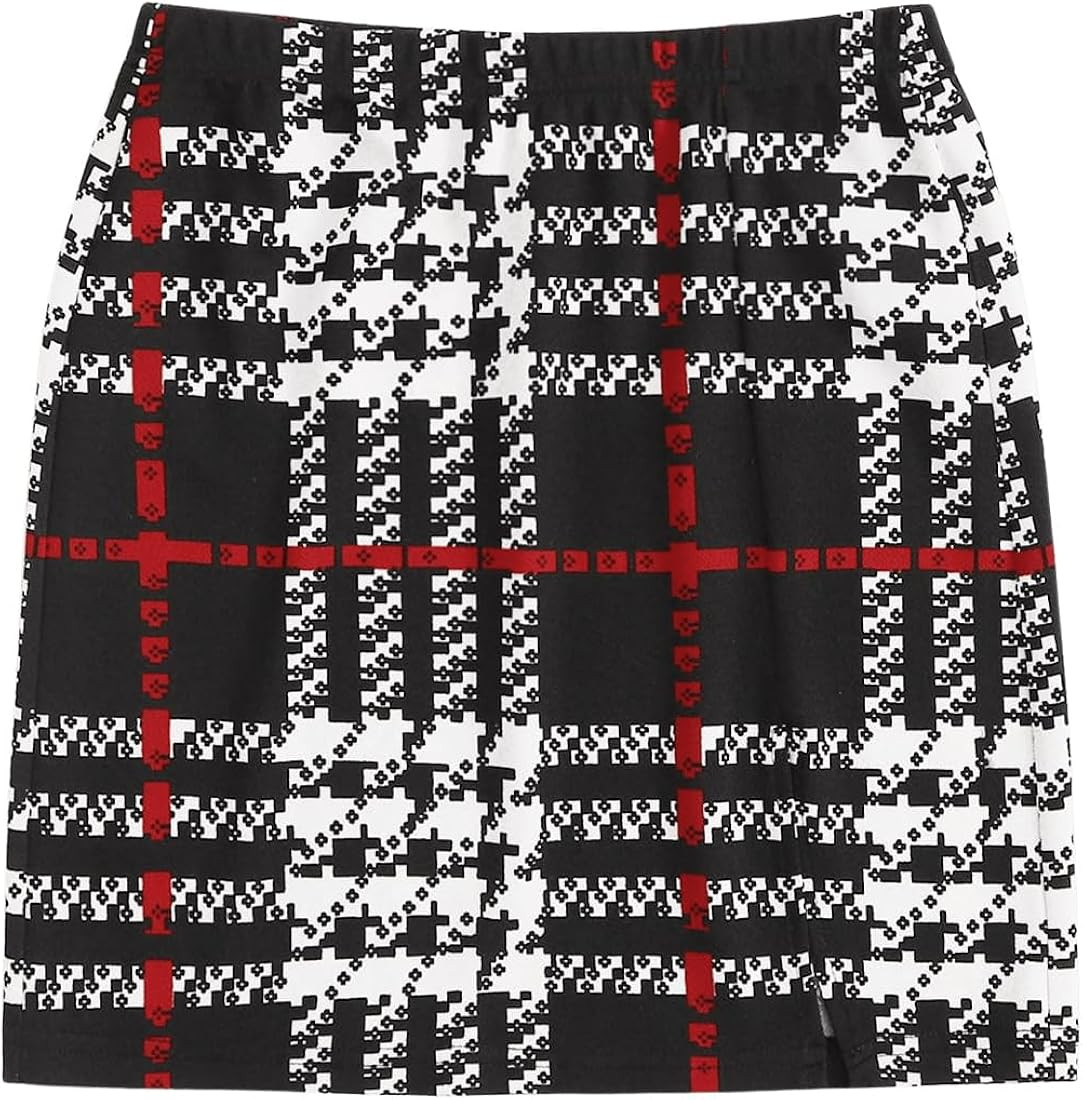 MakeMeChic Women's Houndstooth Elastic Waist Split Hem Skirt Bodycon Slim Fitted Elegant Mini Ski... | Amazon (US)