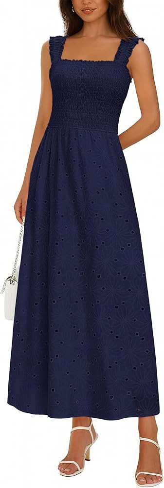 KIRUNDO Women Eyelet Summer Maxi Dress 2026 Spring Boho Lace Cotton Smocked Sleeveless Square Nec... | Amazon (US)
