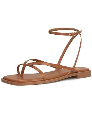 Womens Flats Sandals Square Toe Strappy Ankle Strap Flats | Amazon (US)