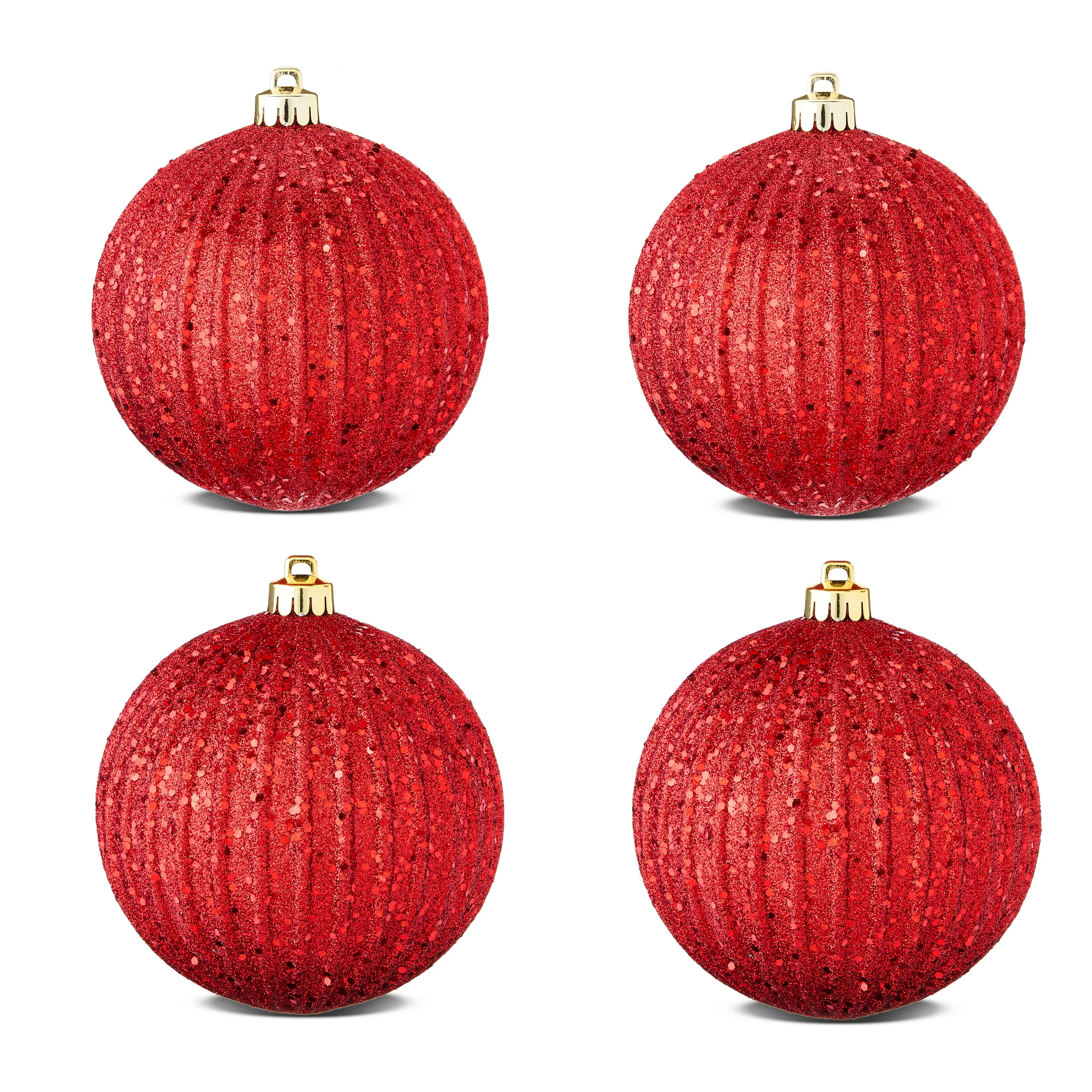 4-Count Red Glitter Shatterproof Textured Christmas Ornaments, 6-Inch, by Holiday Time | Walmart (US)