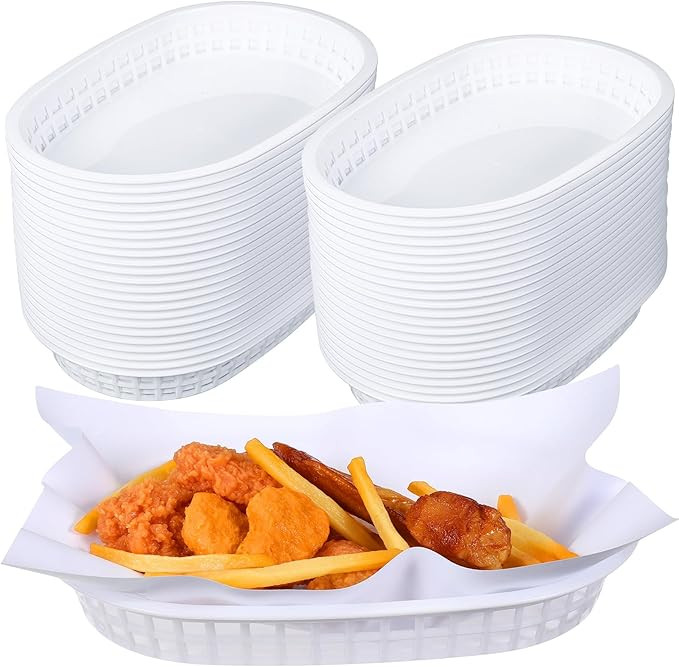 Hsei 50 Pack Fast Food Baskets 10.5 x 7 Inch Oval Fry Basket Plastic Food Serving Trays White Chi... | Amazon (US)