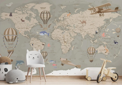 Click for more info about Kids Wallpaper Peel and Stick Cute World Map with Hot Air Balloons Wall Mural