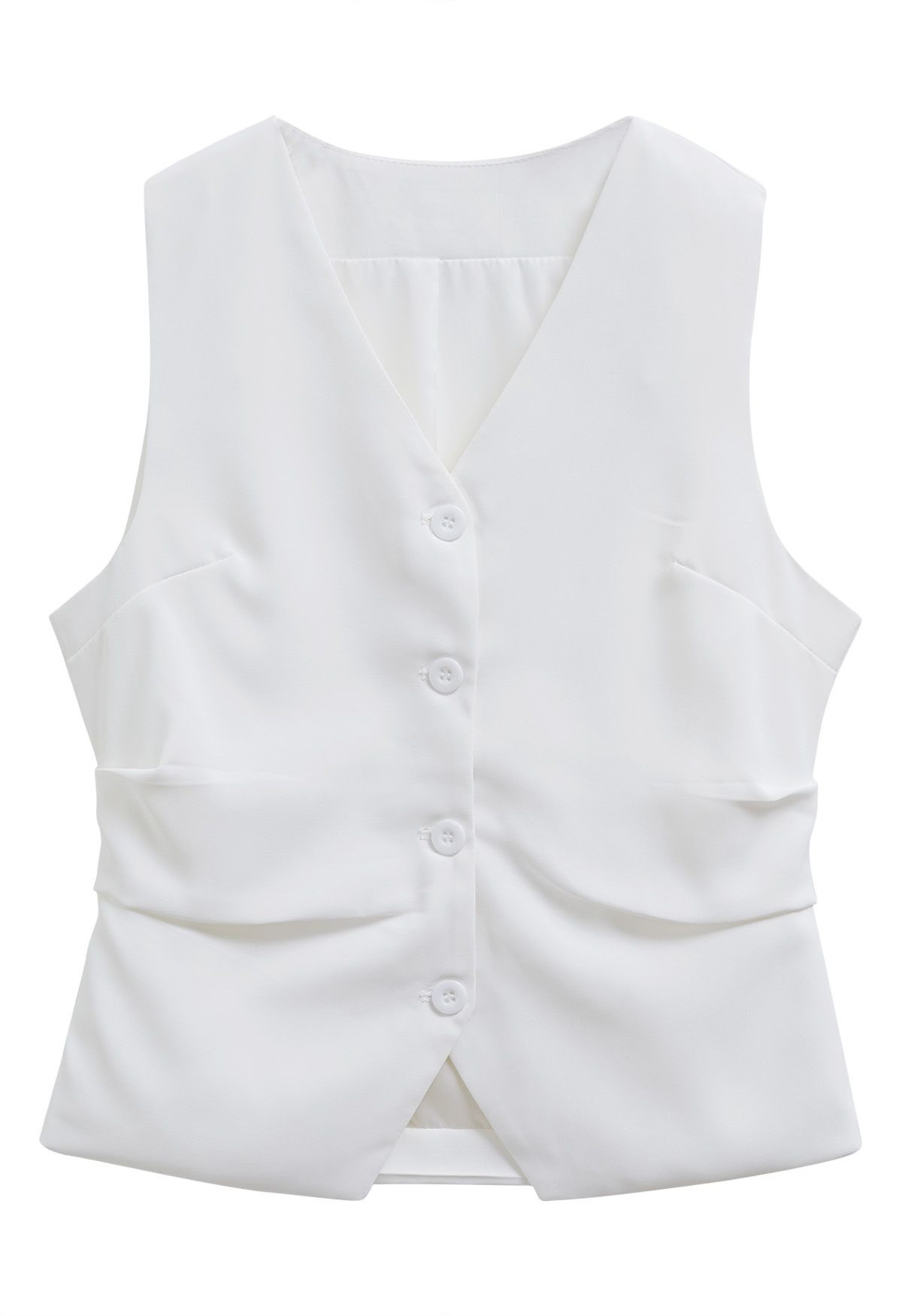 V-Neck Buttoned Down Ruched Vest in White | Chicwish
