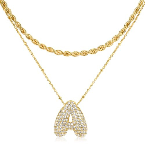 NEKOL A Bubble Letter Necklace for Women, 14K Gold Plated Charm Layered Balloon Initial Letter Pendant Monogram Necklace, Inlaid Zirconia Rhinestone Letter Necklaces Chain Layering Necklaces for Girls | Amazon (US)
