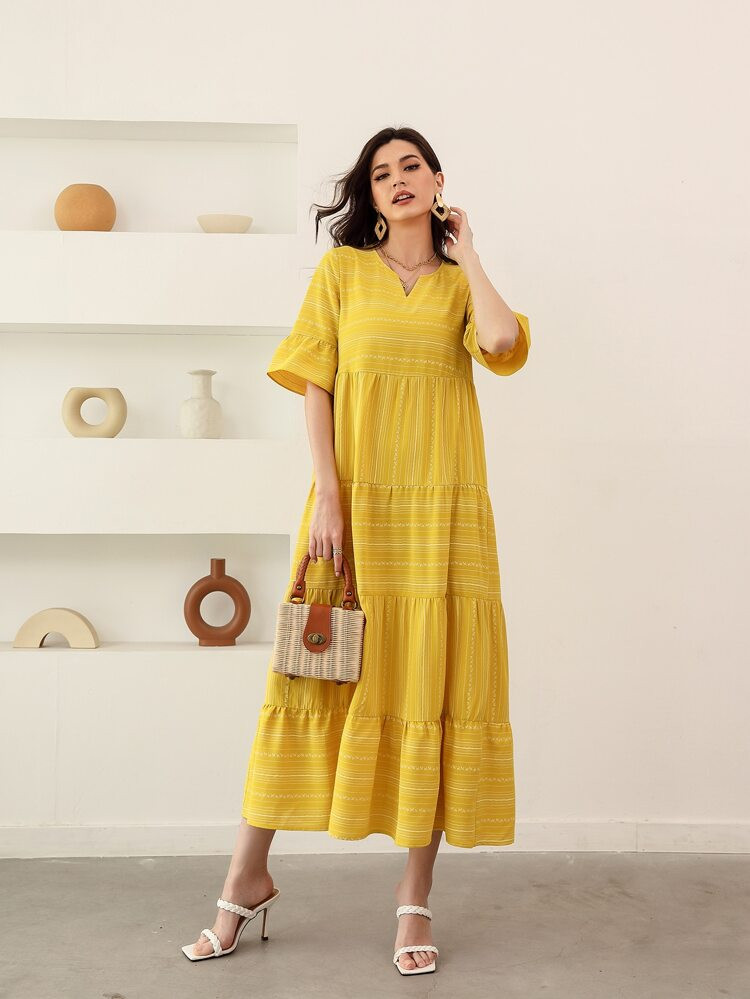 SHEIN Mulvari Striped Notch Neck Flounce Sleeve Dress | SHEIN