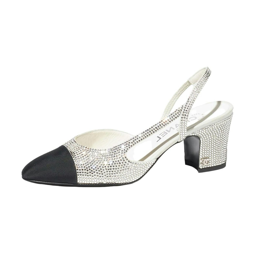 (W) Chanel Strass 65mm Slingbacks Silver Black Grosgrain EU 39.5 | Novelship