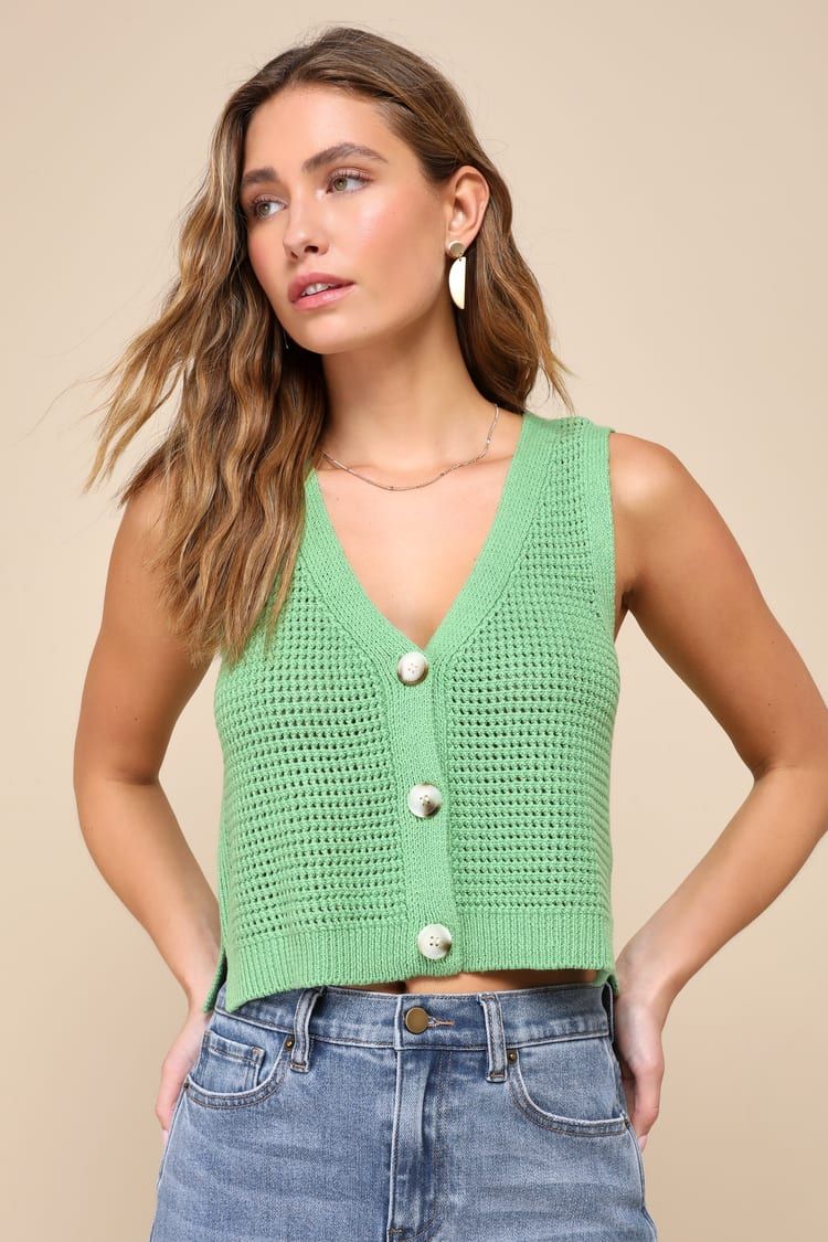 Aesthetic Ease Green Pierced Knit Button-Front Cropped Tank Top | Lulus