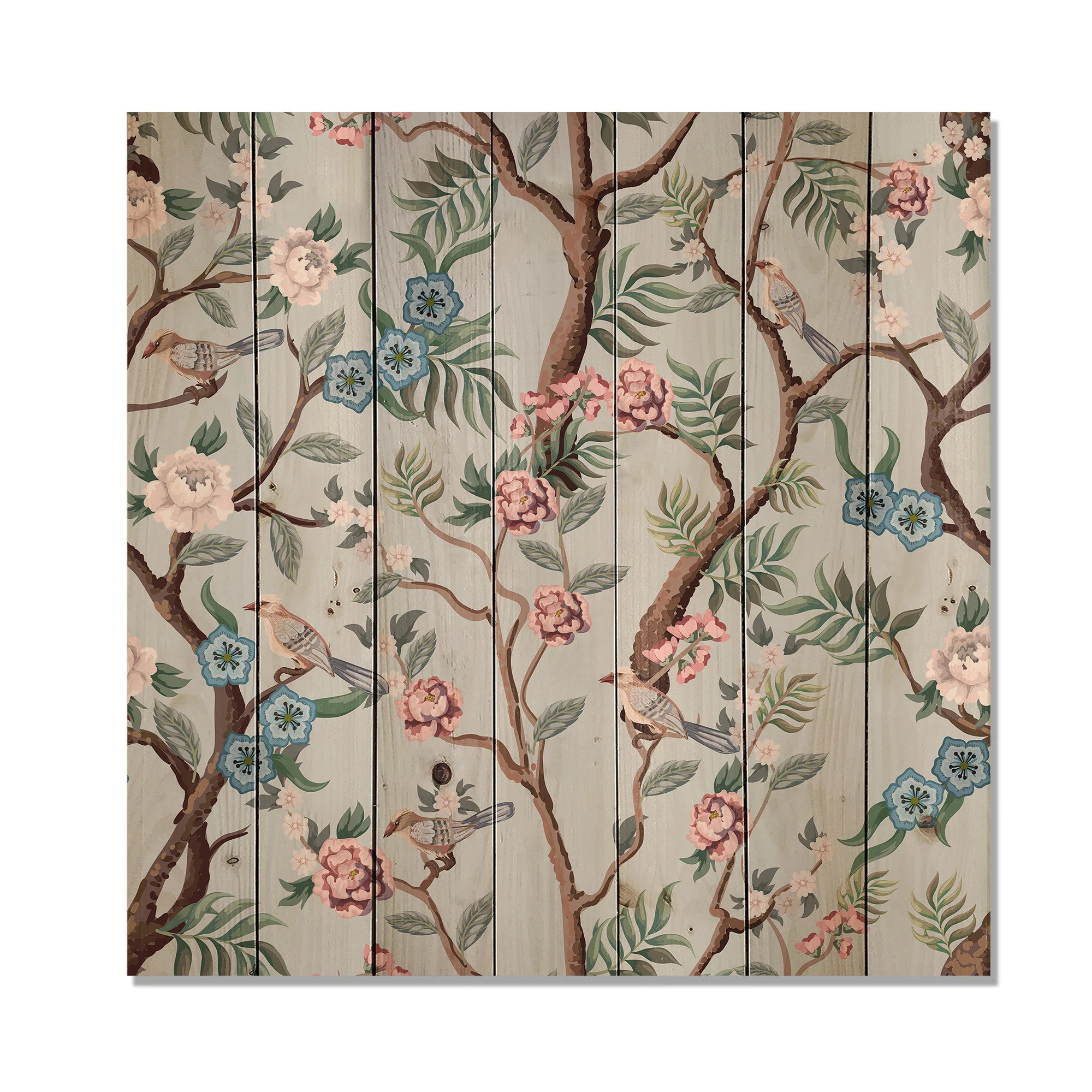 Chinoiserie With Birds And Peonies X - Traditional Print on Natural Pine Wood | Wayfair North America