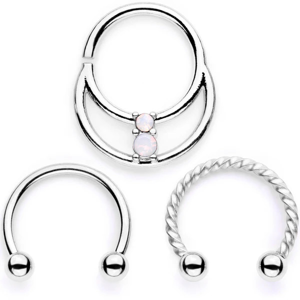16 Gauge 3/8 White Faux Opal Twisted Horseshoe Closure Ring Set | Body Candy