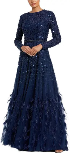 Disc Embellished Sequin Gown with Feather Detail | Nordstrom