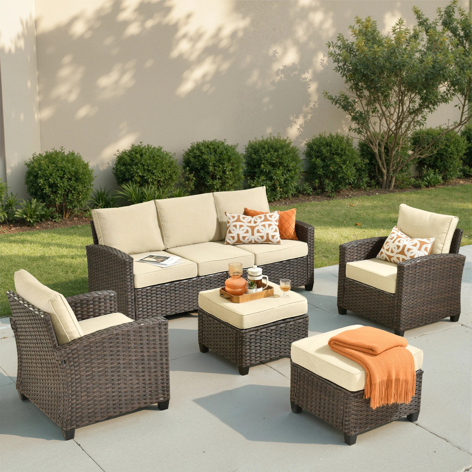 weaxty Gem 5 -Piece Wicker Patio Sofa Conversation Set with Off-white Cushions | Lowe's