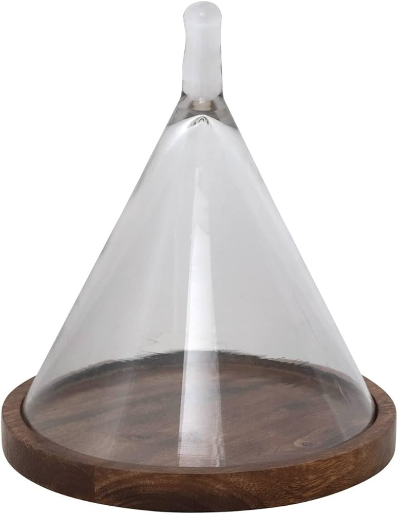 Creative Co-Op Glass Cone Shaped Mango Wood Base Cloche, 10" L x 10" W x 11" H, Clear | Amazon (US)
