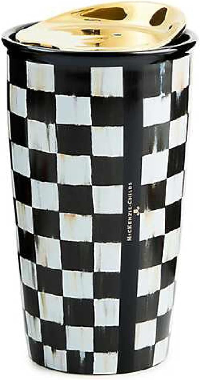 MACKENZIE-CHILDS Ceramic Travel Cup, Cute Tumbler Cup with Lid, 12 Ounces, Black-and-White Courtl... | Amazon (US)