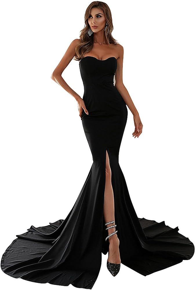 Miss ord Strapless Asymmetric Slit Front Wedding Evening Party Maxi Dress | Amazon (US)